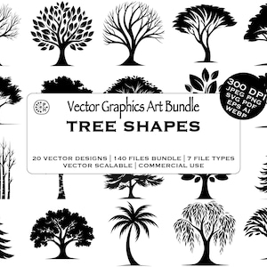 Pode incluir: Uma coleção de silhuetas de árvores pretas em vários estilos, incluindo árvores decíduas, coníferas e palmeiras. A imagem inclui o título do pacote gráfico: "Vector Graphics Art Bundle TREE SHAPES". O pacote contém 20 designs vetoriais e 140 arquivos.