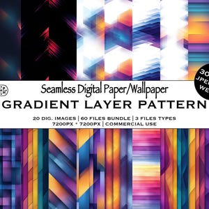 May include: A collection of digital paper and wallpaper designs featuring gradient layer patterns. The designs showcase a variety of geometric and abstract shapes in vibrant colors, including blues, purples, oranges, and yellows. The image includes the text "Seamless Digital Paper/Wallpaper GRADIENT LAYER PATTERN".