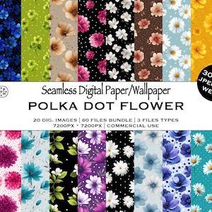 Op de afbeelding: Een verzameling naadloze digitale papier-/behangontwerpen met bloempatronen met stippen. De ontwerpen bevatten verschillende bloemen in kleuren als blauw, roze en geel. De afbeelding bevat de tekst "POLKA DOT FLOWER".