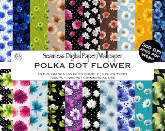Flores de colores, fondo de lunares, scrapbooking, diario, planificador, bricolaje, patrón sin costuras, descarga instantánea, uso comercial, JPG