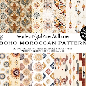 May include: A collection of seamless digital paper and wallpaper featuring Boho Moroccan patterns. The designs include various geometric and floral motifs in warm tones of brown, beige, and orange. The image includes the text "BOHO MOROCCAN PATTERN".