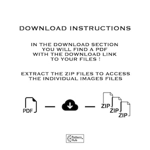 May include: A white graphic with black text that reads "DOWNLOAD INSTRUCTIONS". Instructions include finding a PDF with a download link and extracting ZIP files. Icons for PDF, a download arrow, and ZIP files are also present.