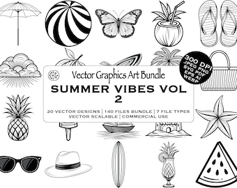 Summer Vibes, Vector Clipart svg eps Bundle, Beach Print Umbrella, Beach Ball, Coconut Drink, Palm Tree, Instant Downloaded, Commercial Use