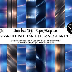 May include: A collection of digital paper and wallpaper designs with gradient pattern shapes. The image features a variety of abstract backgrounds in shades of blue, gold, and silver, with the text "Seamless Digital Paper/Wallpaper".