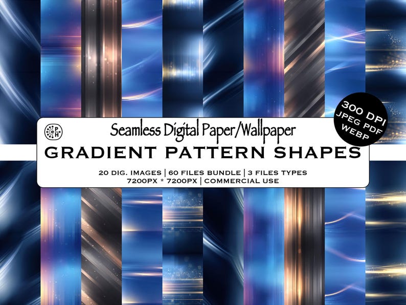 May include: A collection of digital paper and wallpaper designs with gradient pattern shapes. The image features a variety of abstract backgrounds in shades of blue, gold, and silver, with the text "Seamless Digital Paper/Wallpaper".