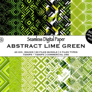 May include: A collection of seamless digital papers in various abstract lime green patterns. The designs include geometric shapes and floral motifs. The image includes the text "ABSTRACT LIME GREEN" and "300 DPI JPEG PDF WEBP".