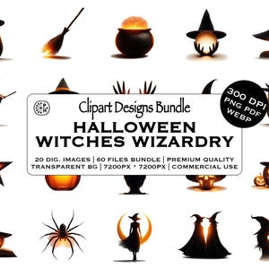 Könnte beinhalten: Eine Sammlung digitaler Cliparts zum Thema Halloween mit Hexen, Zauberei und verwandten Bildern. Enthält eine schwarze Katze, einen Hexenbesen, einen Kessel, Hexenhüte, eine Eule, einen Stern, eine Spinne und einen Kürbis. Der Text lautet "Clipart Designs Bundle Halloween Witches Wizardry".