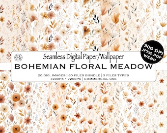 Boho Floral Meadow Seamless Pattern Bundle, Earthy Tones, Wildflowers, Organic Leaves, Textile Design, Instant Download, Commercial Use, JPG