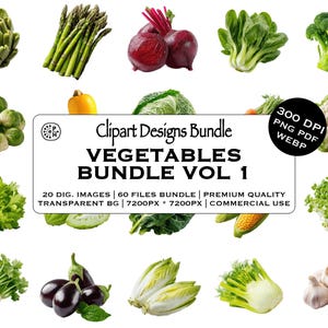 Könnte beinhalten: Eine Sammlung verschiedener frischer Gemüsesorten, darunter Artischocke, Spargel, Rote Bete, Salat, Brokkoli, Rosenkohl, Blumenkohl, Sellerie, Aubergine, Endivie, Mais, Knoblauch und Sprossen. Das Bild enthält den Text "Clipart Designs Bundle VEGETABLES BUNDLE VOL 1".