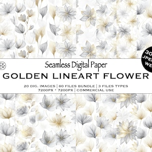 May include: Digital paper featuring a repeating pattern of golden, gray, and white line art flowers. The image includes text that reads "Seamless Digital Paper" and "Golden Lineart Flower". The image is 7200px by 7200px and is for commercial use.