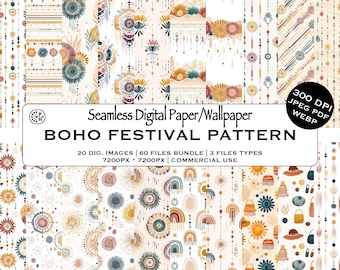 Boho Festival Hippy, Seamless Pattern Bundle, Boho Tassels Decor, Mandala Decoration, Bohemian Design, Instant Download, Commercial Use, JPG