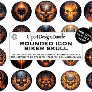 May include: A digital art bundle featuring various rounded icon designs of biker skulls. The skulls are rendered in a fiery, orange and black color scheme, with intricate details. The text in the image reads "Clipart Designs Bundle ROUNDED ICON BIKER SKULL".