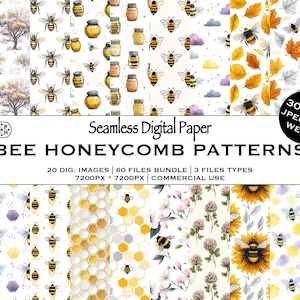 May include: A collection of seamless digital paper patterns featuring bees, honeycombs, and floral elements. The designs include bees, honey jars, and honeycomb patterns. The image includes the text "BEE HONEYCOMB PATTERNS". The image is 7200px by 7200px.