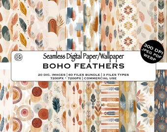 Boho Feather Dreamcatcher Seamless Pattern Collection, Natural Digital DIY Textile Art, Organic Shapes, Instant Download, Commercial Use JPG