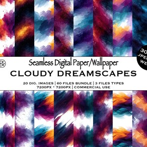 May include: A collection of seamless digital paper and wallpaper featuring cloudy dreamscapes in vibrant watercolor gradients of blue, purple, orange, and magenta. The text reads Seamless Digital Paper/Wallpaper CLOUDY DREAMSCAPES 20 DIG. IMAGES 60 FILES BUNDLE 3 FILES TYPES 7200PX * 7200PX COMMERCIAL USE 300 DPI JPEG PDF WEBP.