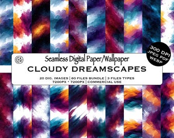 Cloud Patterns, Space Nebula Pattern, Clouds Pastel, Rainbow Smoke, Pluming, Seamless Pattern Bundle, Instant Download, Commercial Use, JPG