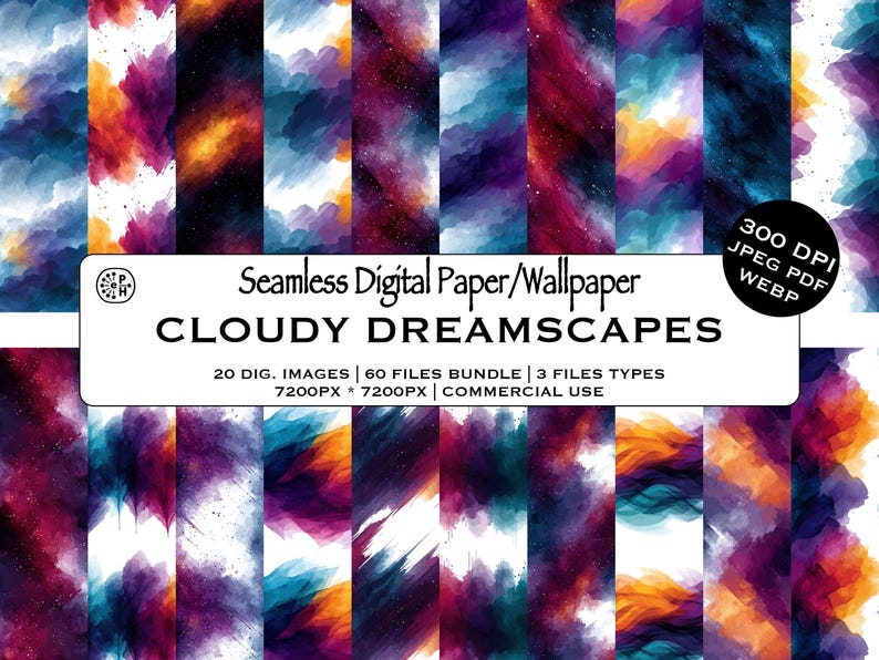 Puede incluir: Una colecci&oacute;n de papel digital y fondo de pantalla sin costuras con paisajes nublados de ensue&ntilde;o en degradados de acuarela vibrantes de azul, morado, naranja y magenta. El texto dice Seamless Digital Paper/Wallpaper CLOUDY DREAMSCAPES 20 DIG. IMAGES 60 FILES BUNDLE 3 FILES TYPES 7200PX * 7200PX COMMERCIAL USE 300 DPI JPEG PDF WEBP.