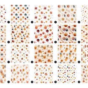 Puede incluir: Veinte patrones celestiales en acuarela con soles, lunas, estrellas y planetas en tonos naranja, marr&oacute;n y azul sobre fondo crema. Dise&ntilde;os ideales para proyectos de manualidades.