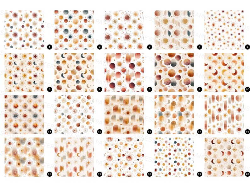 Puede incluir: Veinte patrones celestiales en acuarela con soles, lunas, estrellas y planetas en tonos naranja, marr&oacute;n y azul sobre fondo crema. Dise&ntilde;os ideales para proyectos de manualidades.
