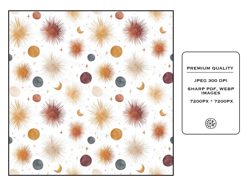 Puede incluir: Patr&oacute;n repetitivo con elementos celestiales: soles, lunas, estrellas y planetas en tonos c&aacute;lidos y terrosos de naranja, marr&oacute;n y beige sobre un fondo blanco. La imagen incluye texto que dice "Premium Quality" y detalles de la imagen.