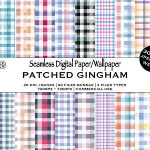 Könnte beinhalten: Eine Sammlung digital erstellter Vichy-Muster in verschiedenen Farben, darunter Grün, Blau, Rosa und Schwarz. Die Muster sind in einem Raster angeordnet, mit einem weißen Banner in der Mitte mit der Aufschrift "Seamless Digital Paper/Wallpaper PATCHED GINGHAM".
