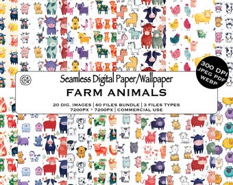 Farm Animals Seamless Pattern Bundle, Nursery Decor, Cartoon Dog Cat Cow Sheep Wallpaper, DIY Crafts, Instant Download, Commercial Use, JPG