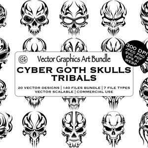 Könnte beinhalten: Eine Sammlung von schwarz-weißen Schädeldesigns in verschiedenen Stilen, darunter Cyber-Goth und Tribal-Themen. Das Bild enthält den Text "Vector Graphics Art Bundle" und Details zu Dateitypen und kommerzieller Nutzung.