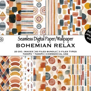 Może przedstawiać: Kolekcja bezszwowych wzorów papieru cyfrowego i tapet o tematyce Bohemian Relax. Wzory zawierają abstrakcyjne kształty, pociągnięcia pędzla i elementy geometryczne w ziemistych odcieniach pomarańczu, brązu i niebieskiego. Tekst "BOHEMIAN RELAX" jest zawarty.