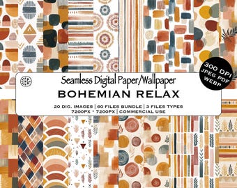 Boho Tribal Ethnic Relaxation Seamless Pattern Bundle, Bohemian holiday chic designs, Earthy Motifs, Instant Download, Commercial Use, JPG