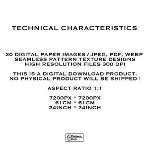 Puede incluir: Un listado de producto digital con 20 dise&ntilde;os de texturas de patrones sin costuras en formatos JPEG, PDF y WEBP a 300 DPI. El texto especifica una relaci&oacute;n de aspecto de 1:1, dimensiones de 7200px por 7200px, 61cm por 61cm y 24 pulgadas por 24 pulgadas.