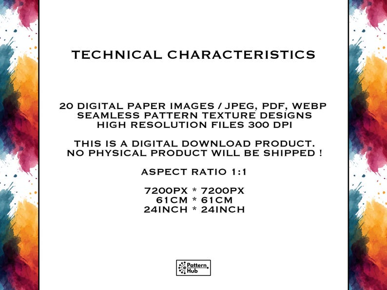 Puede incluir: Un listado de producto digital con 20 dise&ntilde;os de texturas de patrones sin costuras en formatos JPEG, PDF y WEBP a 300 DPI. El texto especifica una relaci&oacute;n de aspecto de 1:1, dimensiones de 7200px por 7200px, 61cm por 61cm y 24 pulgadas por 24 pulgadas.