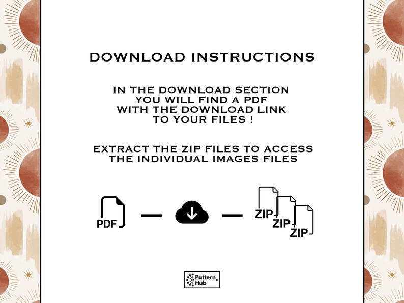 Puede incluir: Gr&aacute;fico blanco con instrucciones de descarga. El texto incluye "Instrucciones de descarga", "En la secci&oacute;n de descarga encontrar&aacute; un PDF con el enlace de descarga a sus archivos" y "Extraiga los archivos zip para acceder a los archivos de im&aacute;genes individuales".