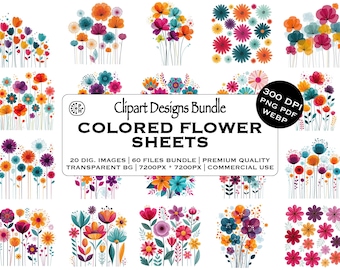 Cute Cartoon Flowers, Flower Color, Colorful Decorate Flowers, Clipart Bundle, Transparent Background, Instant Download, Commercial Use, PNG