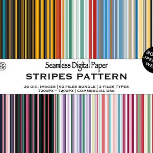 Peut inclure: Papier numérique avec un motif de rayures sans couture dans diverses couleurs, notamment le sarcelle, l'or, le rouge et le violet. L'image comprend le texte "Seamless Digital Paper STRIPES PATTERN" et des détails sur les types de fichiers et la résolution.