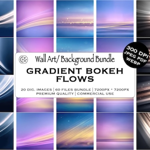 Könnte beinhalten: Ein digitales Kunstpaket mit Gradient Bokeh Flows in Blau-, Lila- und Goldtönen. Das Bild enthält den Text "Wall Art/Background Bundle" und "GRADIENT BOKEH FLOWS". Das Paket enthält 20 digitale Bilder für den kommerziellen Gebrauch.