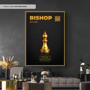 Gold Bischof - Schachfiguren Druck Wandkunst, Schachfiguren und Spielzüge sichtbar gemacht, Schachlernblatt, Schachliebhaber Geschenkidee