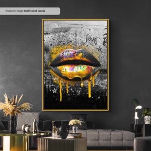 Gold Graffiti Lips - Canvas Wall Art, Abstract Lips Art Print, Lips Kiss Painting, Lips Photography, Stunning Lips Framed Art, Sexy Lips