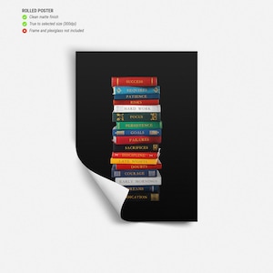 Op de afbeelding: Een stapel kleurrijke boeken met motiverende woorden op de ruggen, waaronder "Succes", "Vereist", "Geduld", "Risico's", "Hard werken", "Focus", "Volharding", "Doelen", "Mislukkingen", "Opofferingen", "Discipline", "Late nachten", "Twijfels", "Moed", "Vroege ochtenden", "Dromen" en "Toewijding". De boeken zijn in een verticale stapel op een zwarte achtergrond gerangschikt.