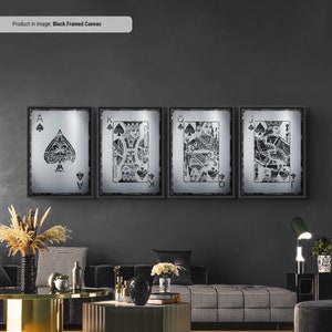 Silver AKQJ - Playing Cards Canvas Wall Art Set of Four, Playing Card Print, Cool Man Cave or Basement Game Room Decor