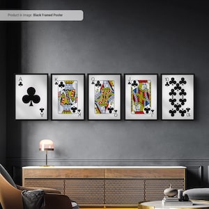 Quinte flush royale de trèfle - lot de cinq oeuvres d'art mural cartes à jouer, impression carte à jouer, cool Man des cavernes ou décoration de salle de jeux sous-sol