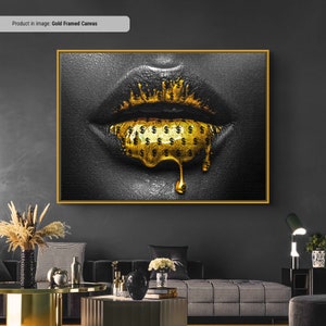 Gold Lips - Canvas Wall Art, Abstract Lips Art Print, Lips Kiss Painting, Lips Photography, Stunning Lips Framed Art, Sexy Lips