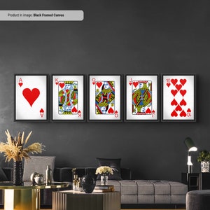 Royal Flush of Hearts - speelkaarten canvas muurkunst set van vijf, speelkaart print, Cool Man Cave of Kelder Game Room Decor