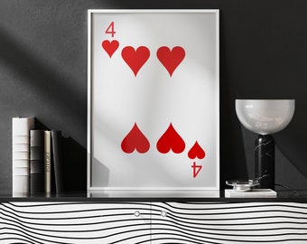 4 of Hearts - Playing Cards Canvas Wall Art, Playing Card Print, Cool Man Cave or Basement Game Room Decor