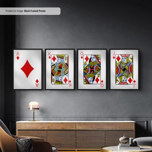AKQJ of Diamonds - Zestaw czterech obrazów ściennych na płótnie z kartami do gry, wydruk kart do gry, fajna jaskinia dla mężczyzn lub dekoracja pokoju gier w piwnicy