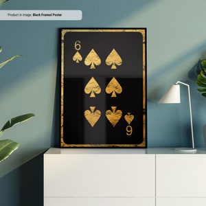 Schoppen 6 goud - kunst aan de muur speelkaarten, speelkaartprint, Cool Man Cave of Game Room Decor kelder
