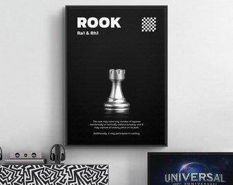 White Rook - Chess Piece Print Wall Art, Chess Pieces and Moves Visualized, Chess Learning Sheet, Chess Lover Gift Idea