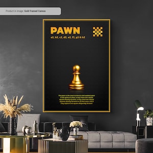 Gold Pawn - Schachfiguren Print, Wandkunst, Schachfiguren und Spielzüge sichtbar gemacht, Schachlernblatt, Schachliebhaber Geschenkidee