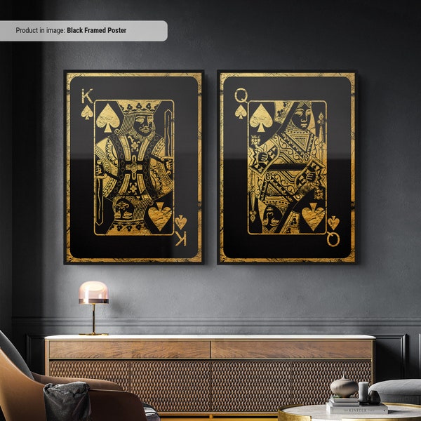 Gold King and Queen of Spades - Playing Cards Wall Art Set of Two, Playing Card Print, Cool Man Cave or Basement Game Room Decor
