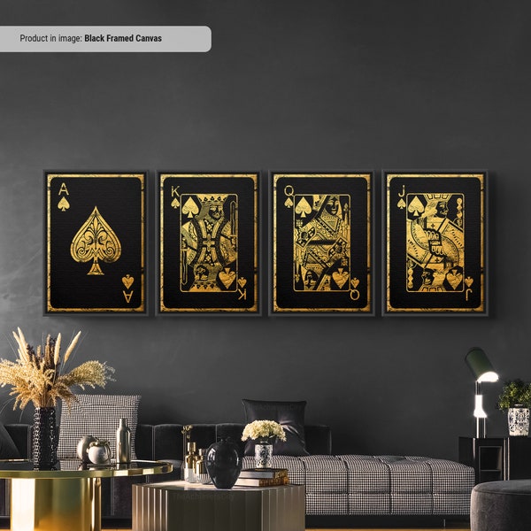 Gold AKQJ - Playing Cards Wall Art Set of Four, Playing Card Print, Cool Man Cave or Basement Game Room Decor