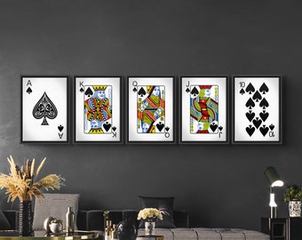 Royal Flush of Spades - Playing Cards Wall Art Set of Five, Playing Card Print, Cool Man Cave or Basement Game Room Decor